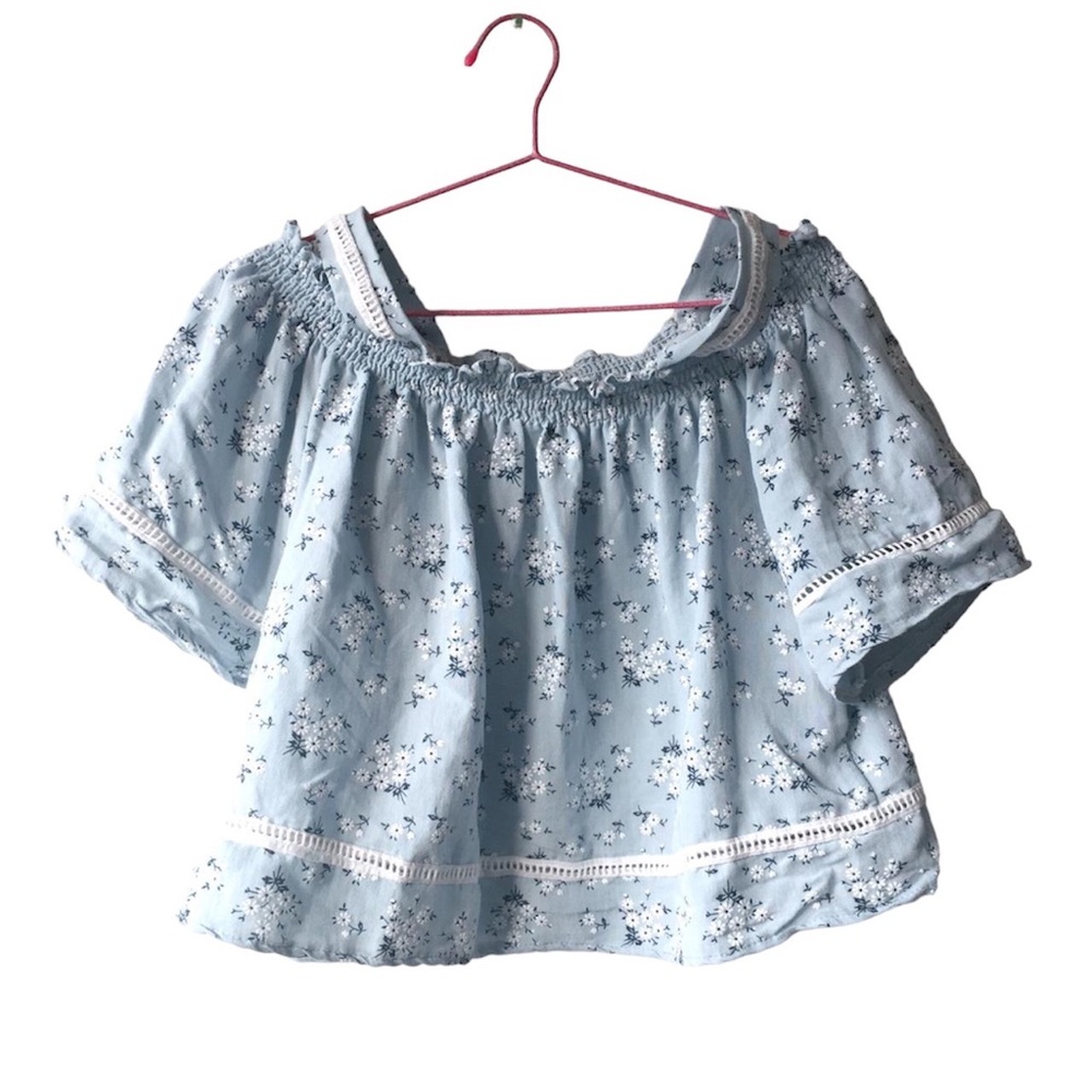 Women's Light Blue Floral Patterned Off The Sholder Crop Top Size M Blouse Lace